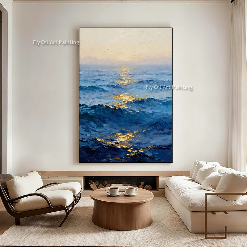 Original Handmade Palette Knife Ocean Canvas Oil Painting, Vibrant Blue Wave Abstract Coastal Wall Art