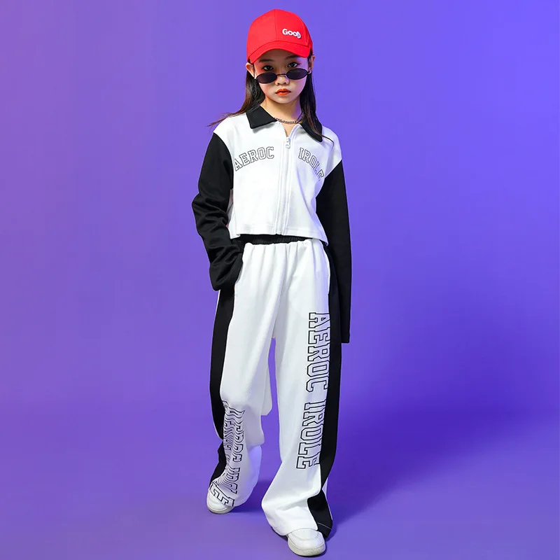 Kid Hip Hop Clothing Zip Up Crop Top Long Sleeve Shirt Tank Streetwear Sport Sweat Pants for Girl Dance Costume Clothes Outfits