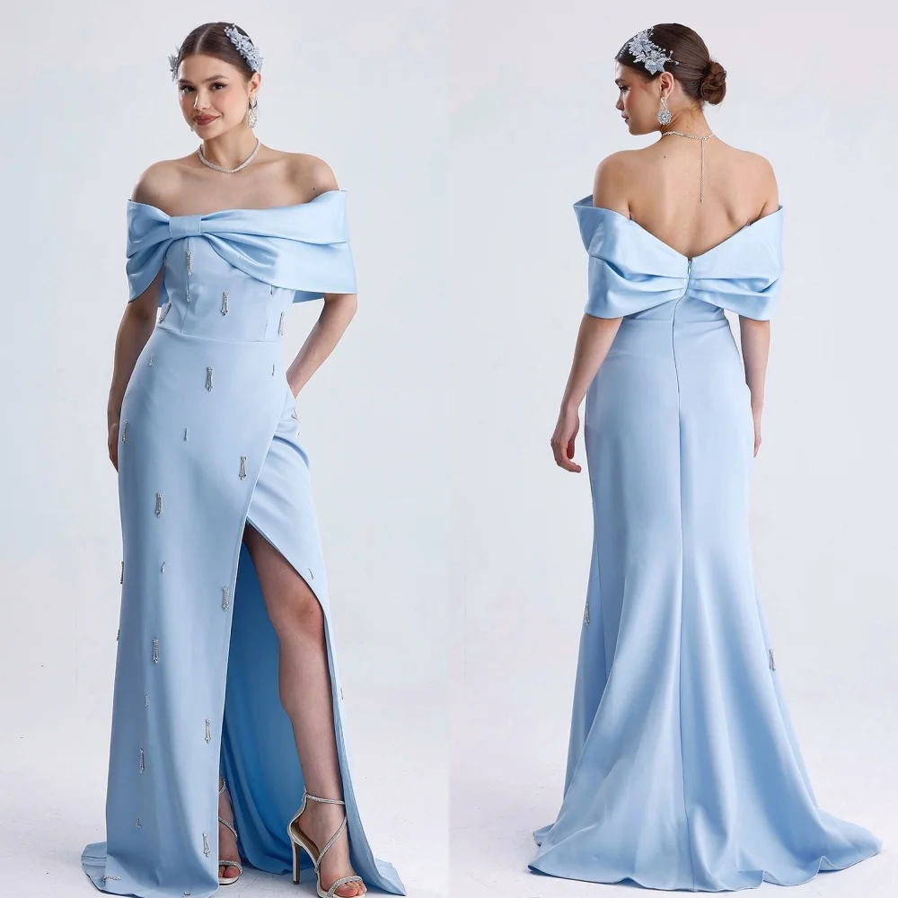

Customized High Quality Classic Jersey Rhinestone Pleat Straight Off-the-shoulder Long Dresses Bespoke Occasion Dresses Fashion