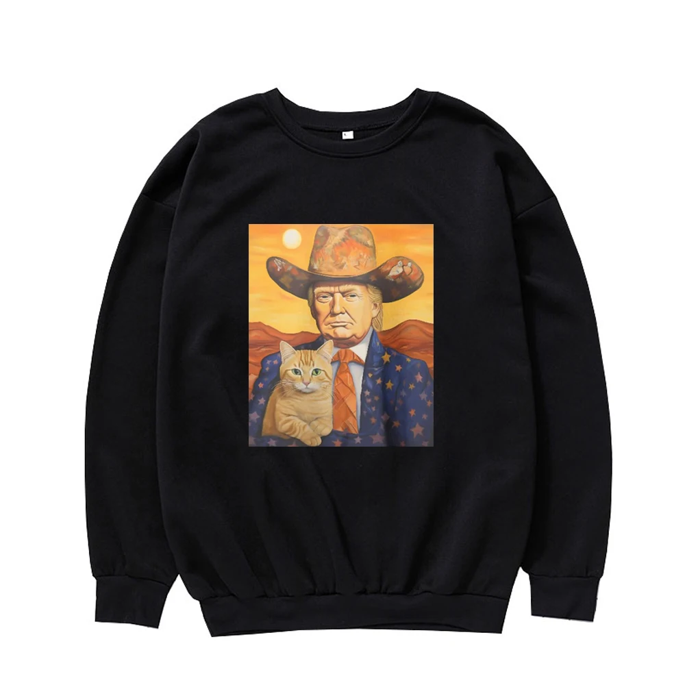 

Cowboy Trump With A Cat Funny Presidential Sweatshirt Cute Cartoon Prints Crew Neck Pullover Gift Trump And Cat Lovers
