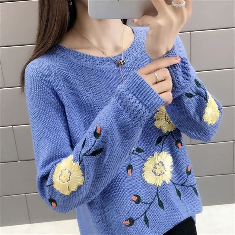 Women Clothing Spring Autumn Trendy Flower Embroidery Chic Knitted Sweater Casual O Neck Long Sleeve Loose Pullover Tops Jumpers