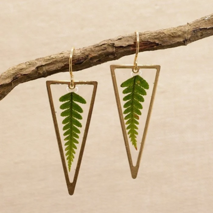 Fern Earrings Forest Triangle Earrings Fern Dangle Earrings Gift for Her Fern Jewelry Terrarium Wanderlust Jewelry Boho Earrings