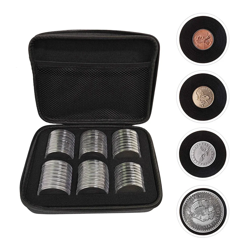 48PCS 46mm Clear Coin Capsule with Black Gaskets and Organizer Bag for 16/20/25/27/30/35/40/46mm Collection Coin Medal Holder