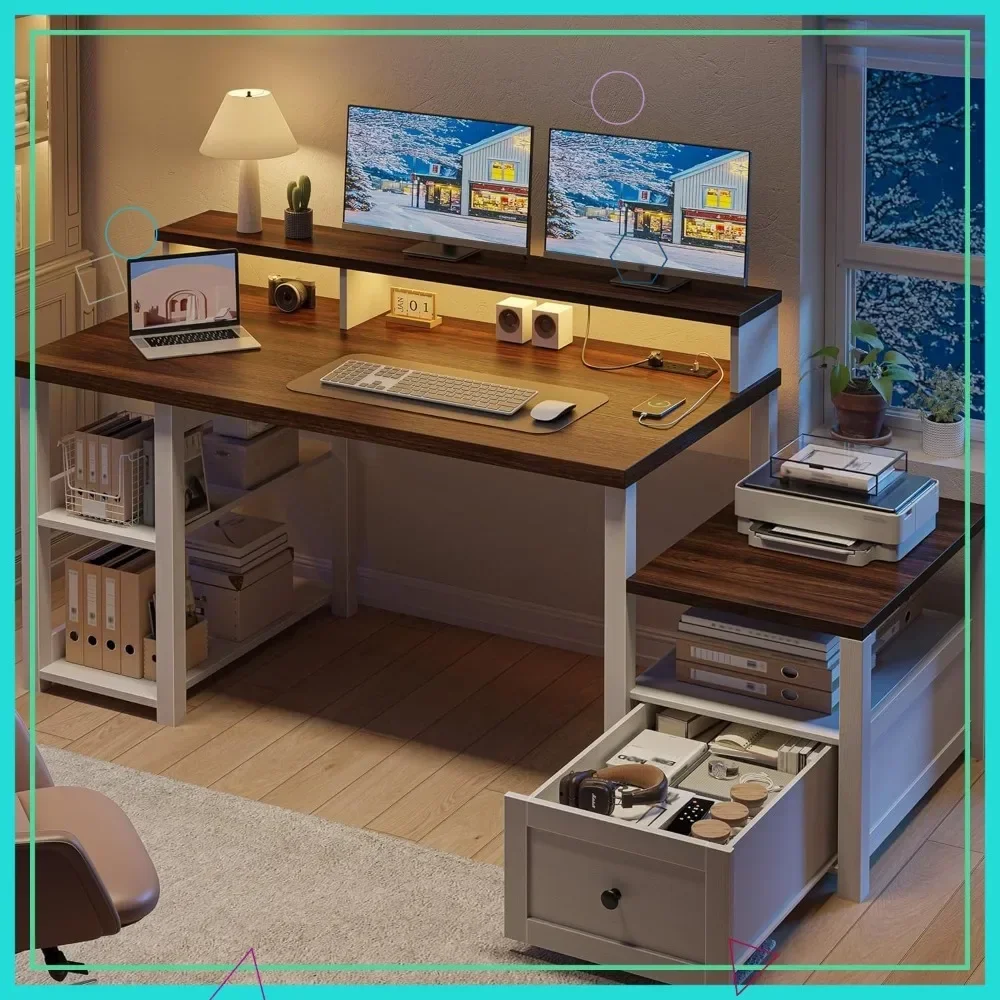 

Популярный игровой стол 60,4 дюйма со светодиодной подсветкой, выдвижным ящиком и розеткой, офисный стол в стиле фермерского дома для домашнего кабинета