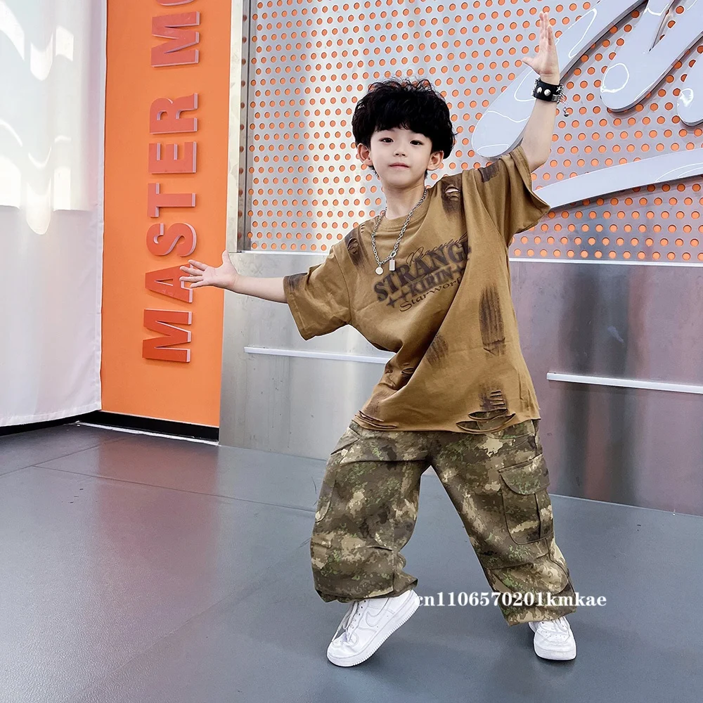New Kids Hip Hop Clothing Boys Baggy T Shirt Short Sleeves Khaki Cargo Pants Streent Dance Outfits Girls Jazz Dance Suit view 5