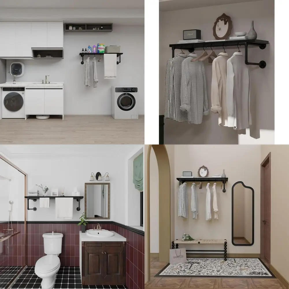 

36 Wall-Mounted Black Wood Garment Rack - Heavy-Duty Hanging Rod for Space-Saving Closet Storage