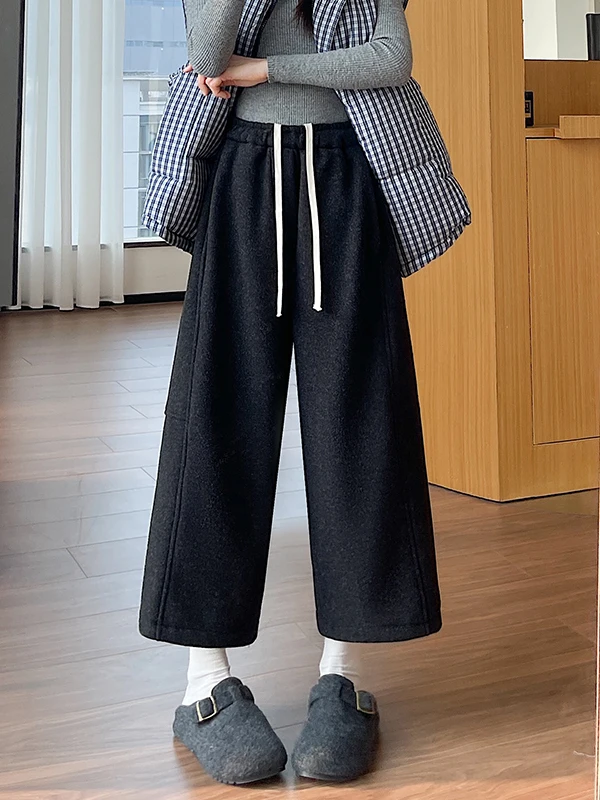 Damskie zimowe spodnie z szerokimi nogawkami, ocieplane polarem, codzienne, z wysokim stanem, prosty krój, mieszanka wełny, modne spodnie dla kobiet.