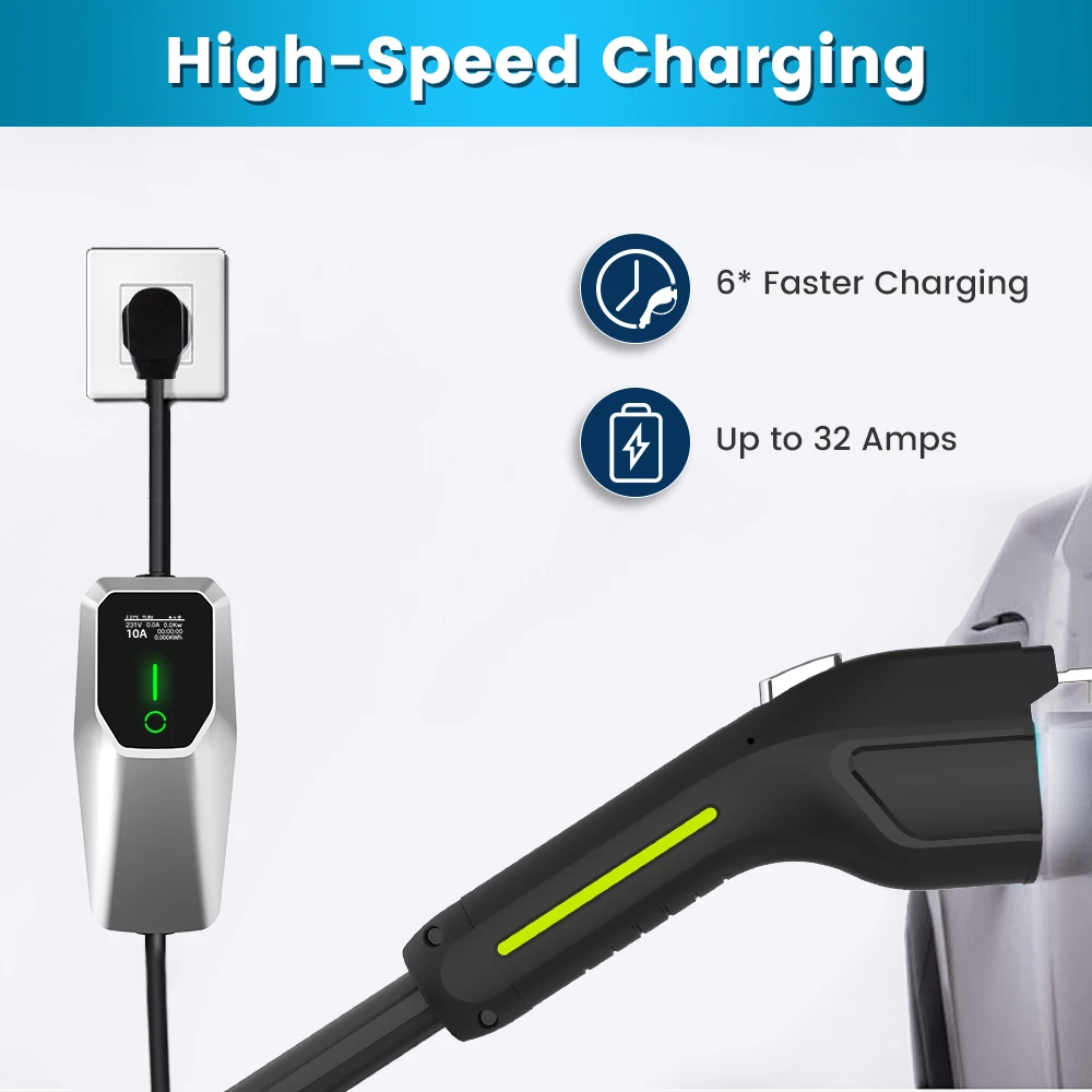 Junsun Mode 2 EV Charger 32A 7KW US Standard Single Phase Electric Vehicle Charging Cable with Silver Control Box, Adjustable Current 6A/8A/10A/13A/16A/20A/24A/32A, NEMA 14-50P Plug + 5-15P Adapter, 8M Portable Car Charger with Carry Bag - view 2