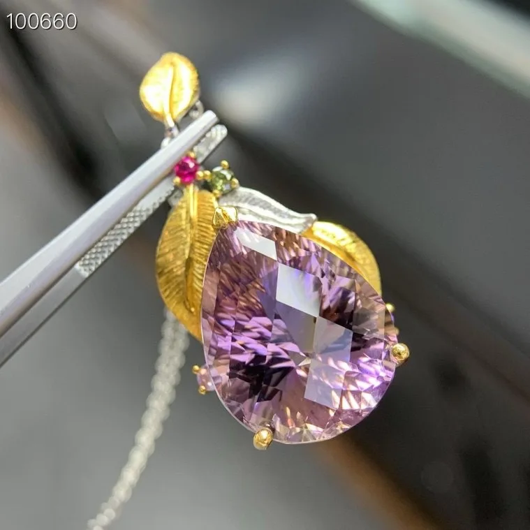 

Natural Ametrine Pendant, 925 Silver Two-Tone Finish No Chain, Crystal Jewelry Gift for Women