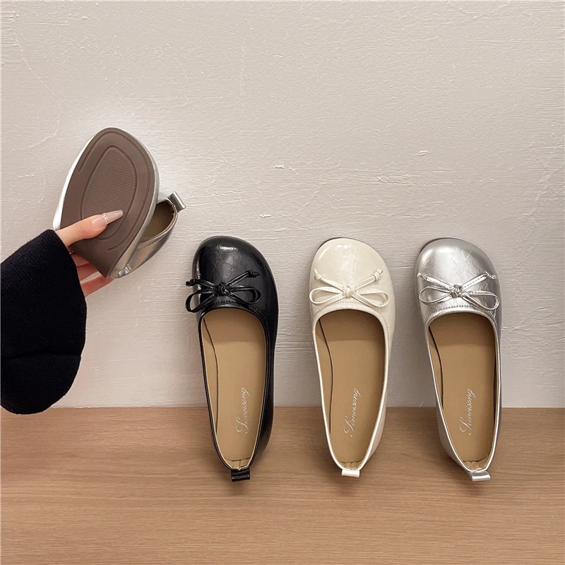 Ballerinas mit Schleifenknoten und runder Spitze für Damen, weiche Slip-On-Schuhe für den Alltag – Detail 4
