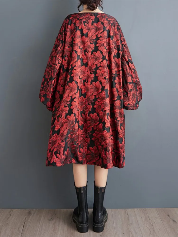 Oversized Autumn Mini Dress Women Flower Floral Fashion Irregular Pleated Ladies Dresses Loose Lantern Long Sleeve Woman Dress