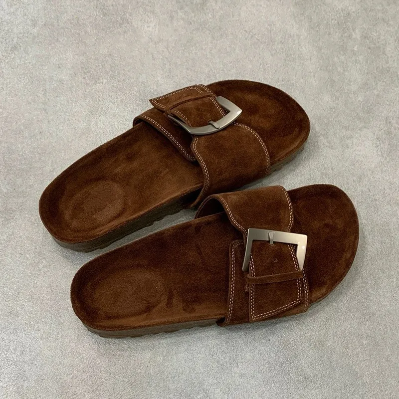Genuine Leather Thick-soled Niche Slippers for Women's Summer Wear One-word Buckle Flat Bottom Versatile and Comfortable