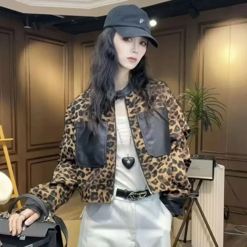 Vintage PU Leather Patchwork Jacket Leopard Print Bomber Jacket Women Zip Short Coat Spring Autumn Pocket Tops Outerwear Trend