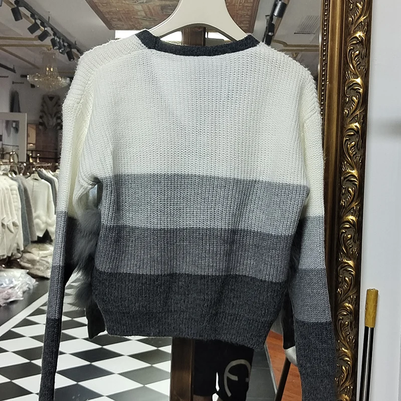 여성 니트 카디건 리얼 폭스 모피 긴 소매 패션 v 넥 가을 니트 패션 여성 카디건 스웨터