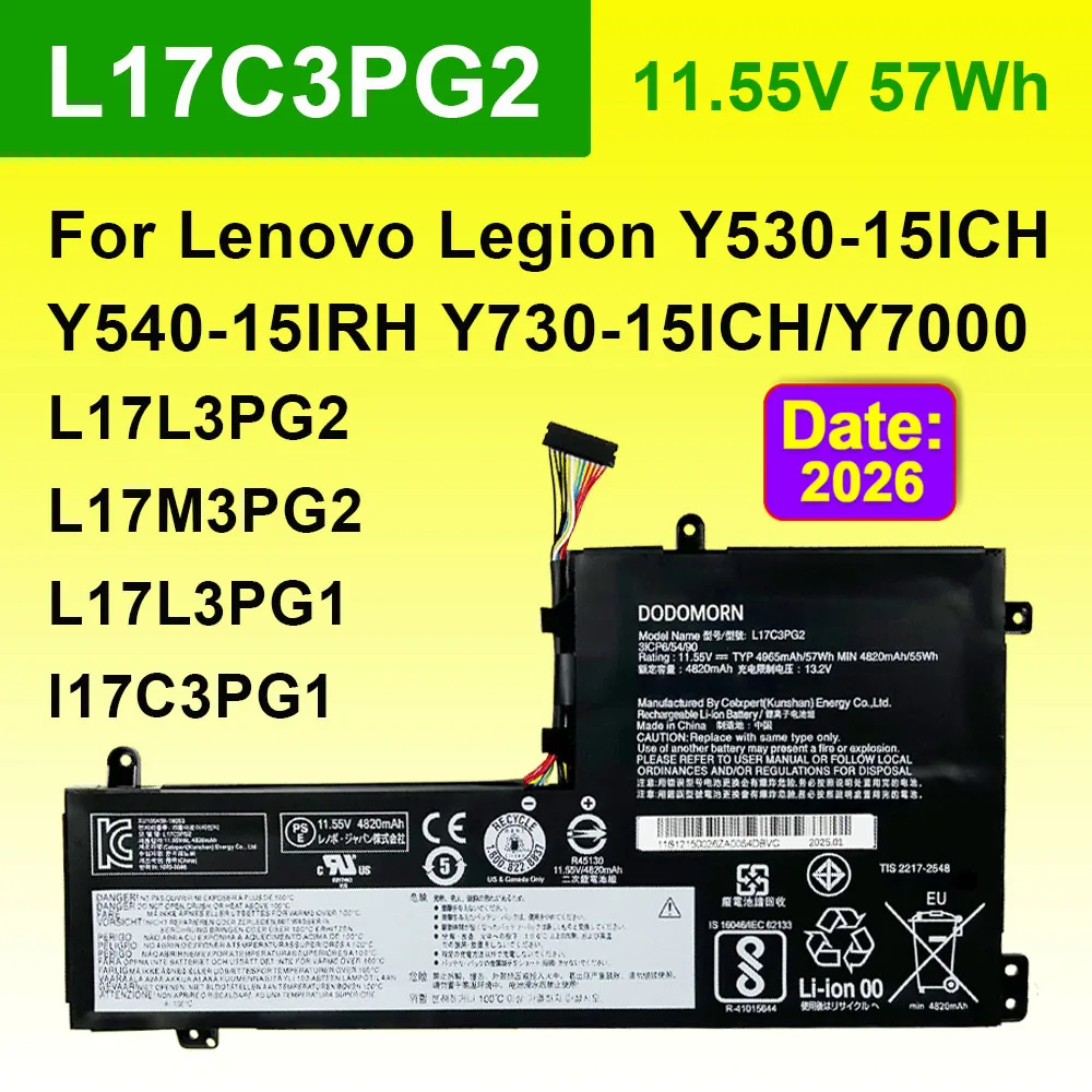DODOMORN L17C3PG2 For Legion Y540-17IRH/15IRH Y530-15ICH Y740-15ICH Y730 Y7000 Y7000P 2019 L17M3PG2 Laptop Battery 57Wh OEM