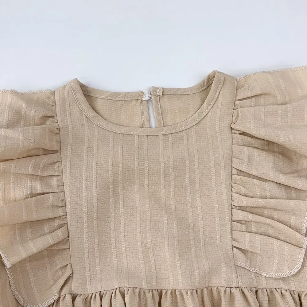 Autumn Kids Dresses for Girls Round Neck Long Sleeved Pleated Edge Solid Color Dress Kids Clothes Children\'s Daily Casual Wear