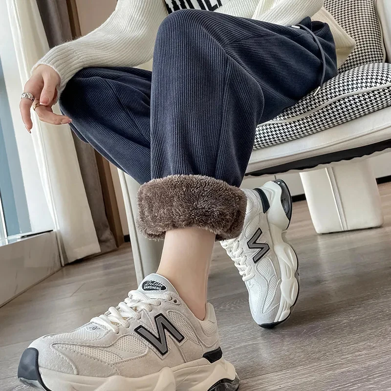 Winter Warm Lamb Fleece Women Pants Fashion High Waist Thick Loose Harem Pants Autumn Korean Solid All-Match Plush Sweatpants