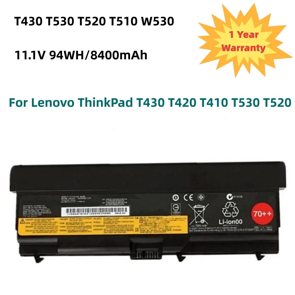 

70++ 0A36303 11.1V 94Wh Laptop Battery for Lenovo ThinkPad T430 T420 L410 L510 W530 45N1007 0A36303