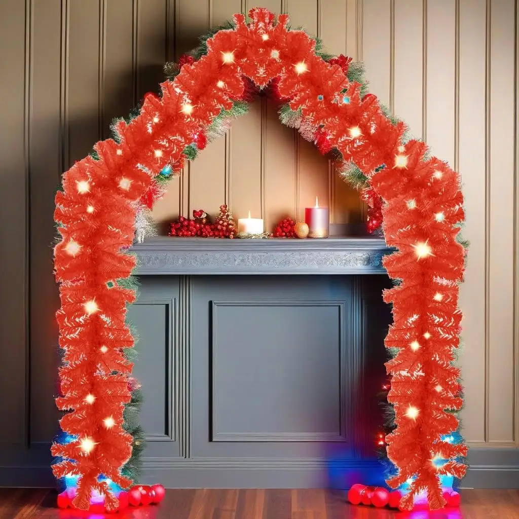 

16ft Red Christmas Garland with Lights - Festive Holiday Decor for Indoor/Outdoor Use