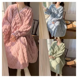 Women Autumn Winter Warm Flannel Nightgown Thickened Long-sleeved Bathrobe Coral Velvet V-neck Lace-up Pajamas Solid Loose