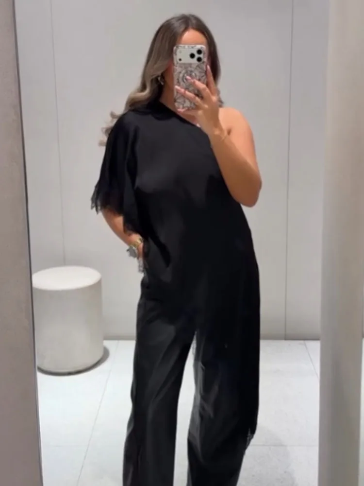 

HH 2026 New Woman Summer Fashion Chic Versatile Designed Asymmetrical Folds Lace Decoration Tops Female Casual Street Style Tops