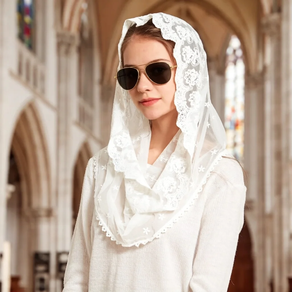 

Muslim Hijab Women's Full Cover Shawl Jersey Cotton Lace Scarf in White for Feminine Modest Fashion