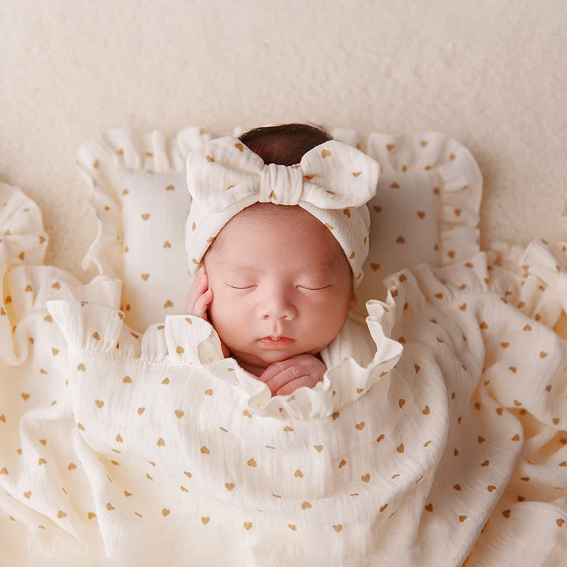 Selimut latar belakang krem lembut bungkus fotografi baru lahir 0-1 bulan latar belakang pemotretan bayi dengan saku pita ikat kepala bantal properti foto