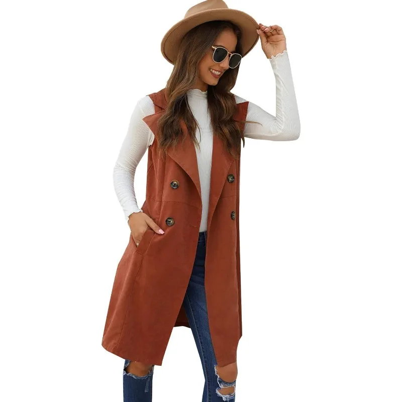 Women\'s Double Breasted Long Vest Jacket Casual Sleeveless Pocket Outerwear Longline Brown