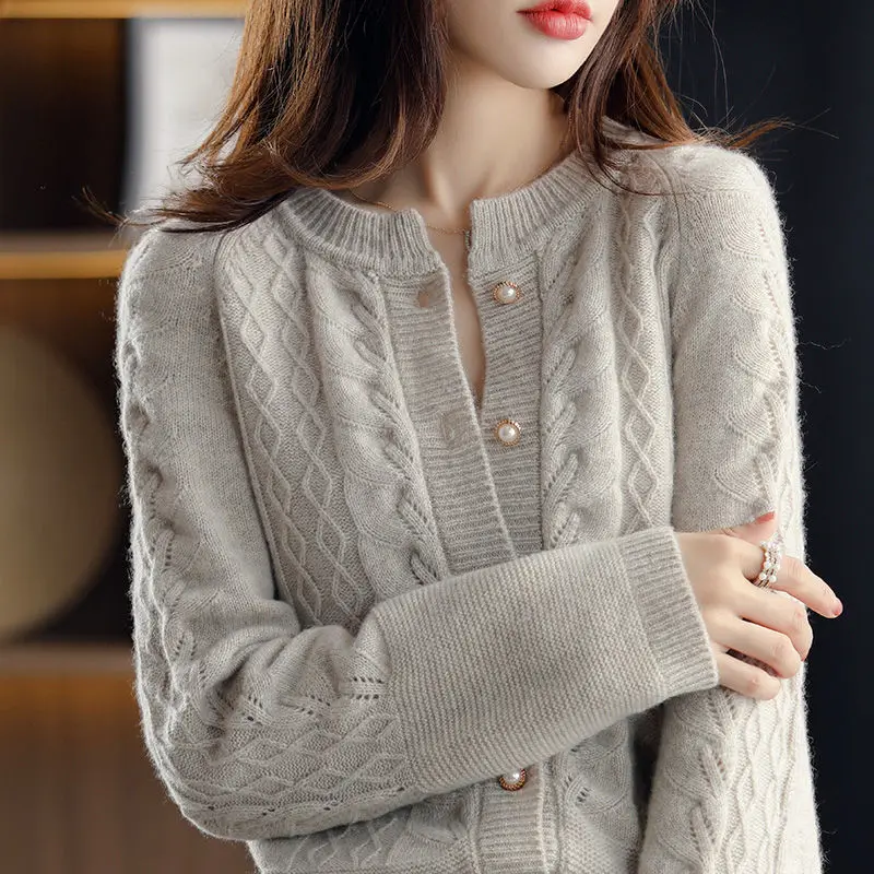 Women's Autumn Winter Fashion Solid Color Round Neck Button Hollow Versatile Long Sleeved Loose Sweater Knitted Cardigan Tops