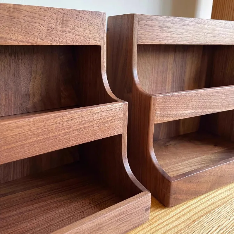 Black Walnut Wood 3-Tier Storage Shelf Coffee Tea Desktop Organizer Living Room Display Rack Kitchen Countertop Cup Holder