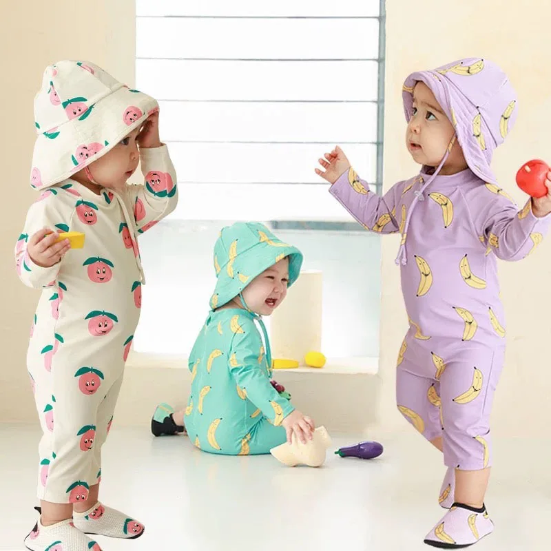 

Korean Fashion New Children's Swimsuit Baby Girls One-piece Long-sleeved Sun Protection Ins Boys 0-7years Baby Swimwear
