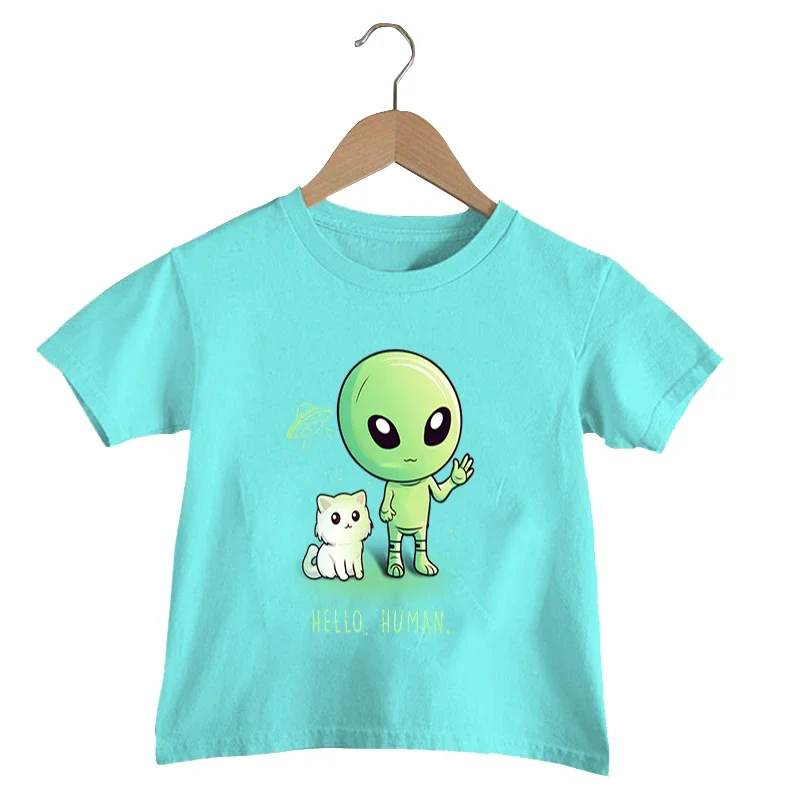 Hello Human Print T Shirt Baby Boys Funny Alien UFO T-shirt Cute Cat Graphics Kids Clothes Girls Harajuku Summer Streetwear Top