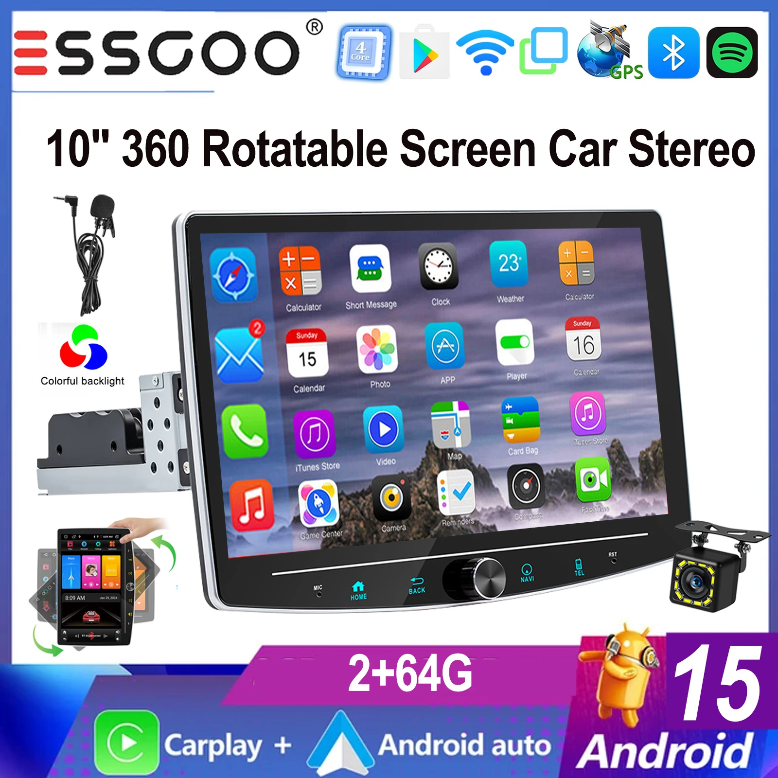 ESSGOO 10,1" Android 15 1 DIN Universeel 360 °   Draaibaar touchscreen carplay MICROFOON Android auto Autoradio Radio GPS NAVI BT WIFI FM