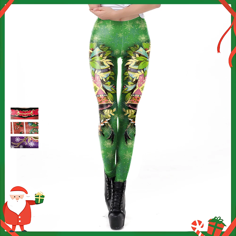 

Zawaland Christmas Women Green Leggings Xmas Tree 3D Printed Elastic Tights Holiday Party Pants Ladies Workout Trousers