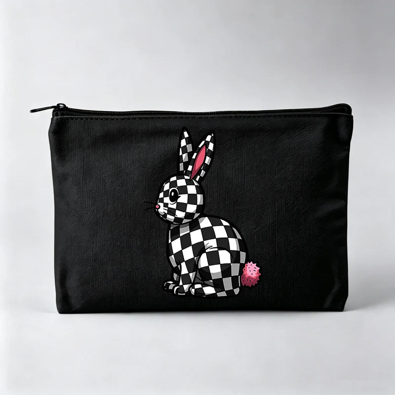 Women's Checkered Rabbit Print Makeup Bag, Zipper Cosmetic Pouch for Daily Use