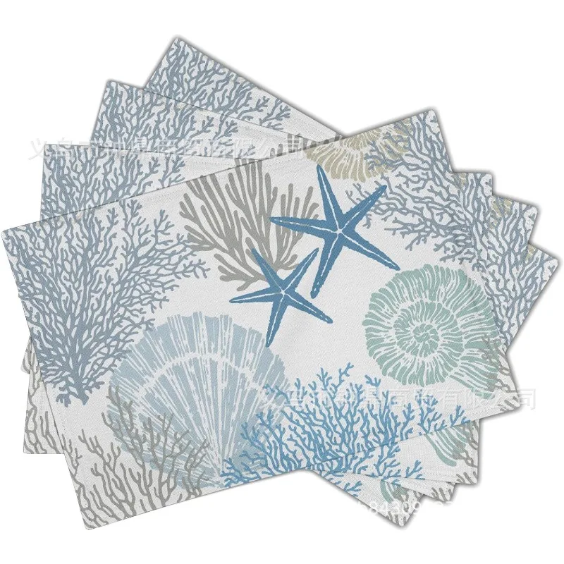 Hot Summer Beach Placemats Starfish Beach Theme Ocean Shell Printing Dust-proof and Heat-insulating Summer Placemats