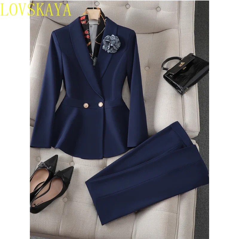 Blue White Elegant Ladies Pant Suit Autumn New Female Work Wear Formal 2 Piece Set Women Slim Ruffle Jacket Blazer and Trousers