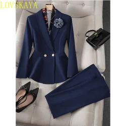 Blue White Elegant Ladies Pant Suit Autumn New Female Work Wear Formal 2 Piece Set Women Slim Ruffle Jacket Blazer and Trousers