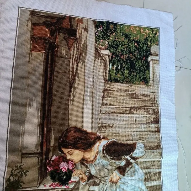 Handmade cross stitch finished product with classical printing, living room, bedroom, European style figure, backyard,