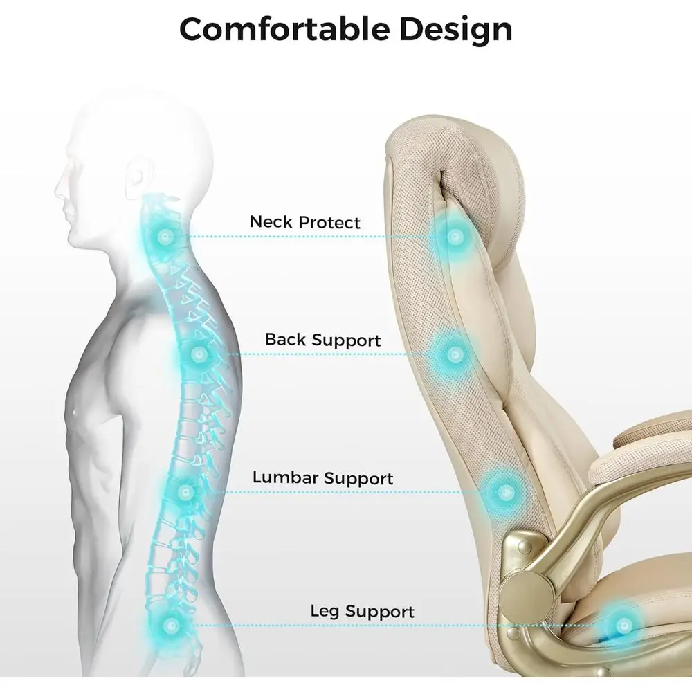 Ergonomic High-Back Leather Computer Chair with Adjustable Armrests, Beige, for Home or Office Use