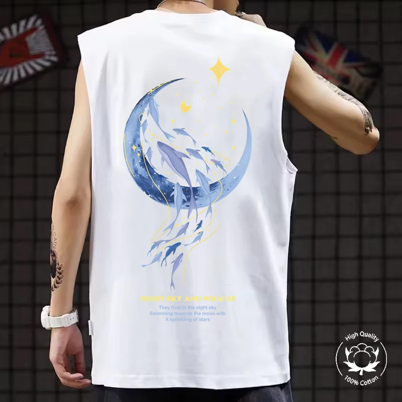 Men Tank Top Moon Whale Graphic Sleeveless T Shirts Pure Cotton Crew Neck Men's Vest Top Summer Sport Clothes Men Gym