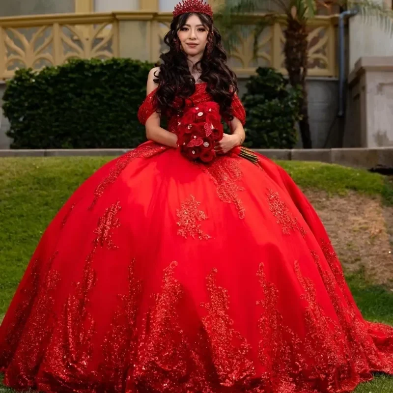 Shinning Red Sweep Train Quinceanera Dress Sequins Bow Ball Gown Tull Party Birthday Corset Sweet Mexico Vestido De 15 Anos