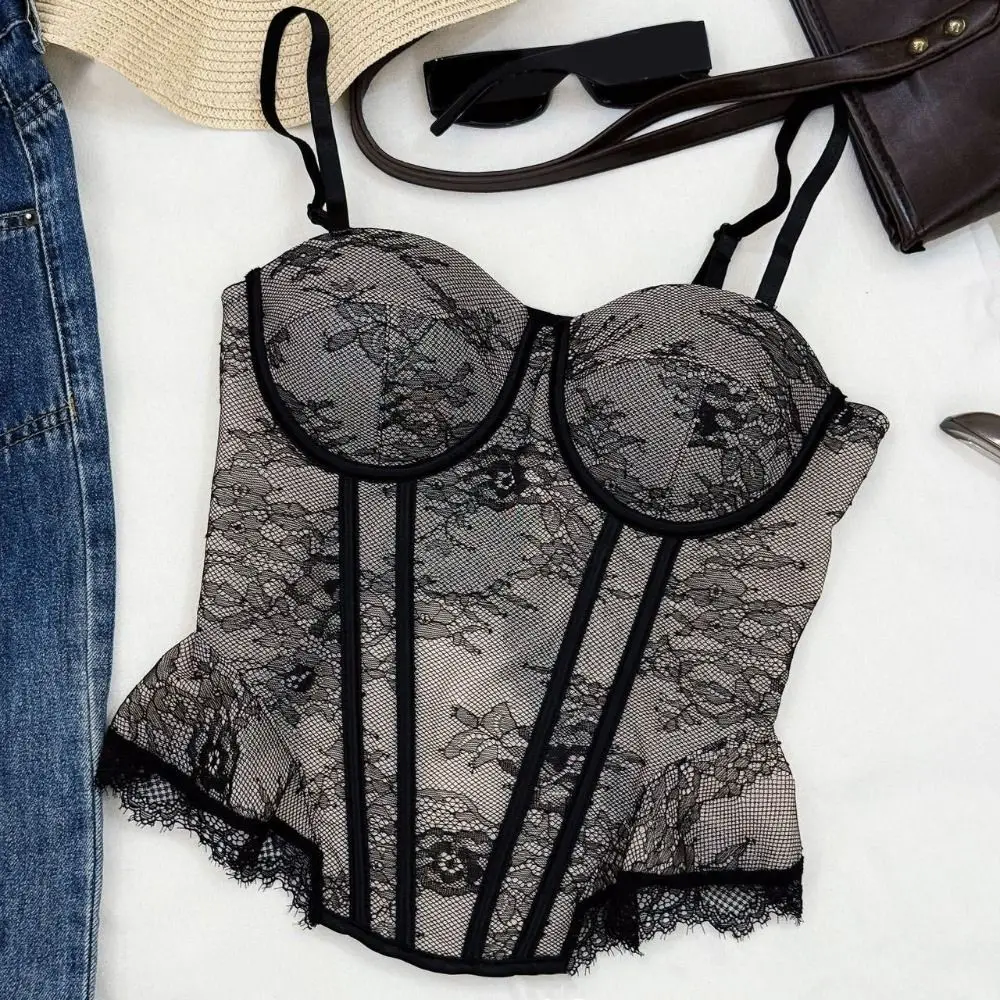 Spicy Girl Style Mesh Lace Camisole Slim fit Sleeveless Lace Corset Fishbone Transparent Suspender Vest Women