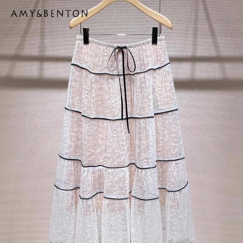 

2026 Summer New Elegant Lace Women's Cake Skirt French Design Sweet High Waist Loose Versatile Temperament Long Skirts Ladies