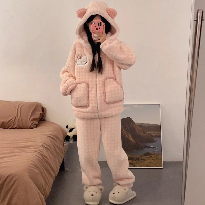 

kawaii Hello Kitty Coral fleece pajamas girl winter cute pajamas fleece-lined thicken keep warm homewear Can be worn outside new