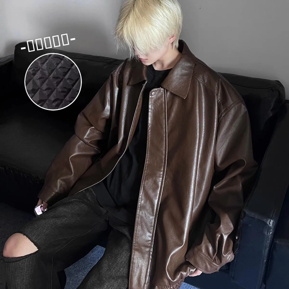 

American Retro Motorcycle PU Leather Jaet Thiened Cotton Inner Men's Jaet Sli Versatile High Collar Biker Coat