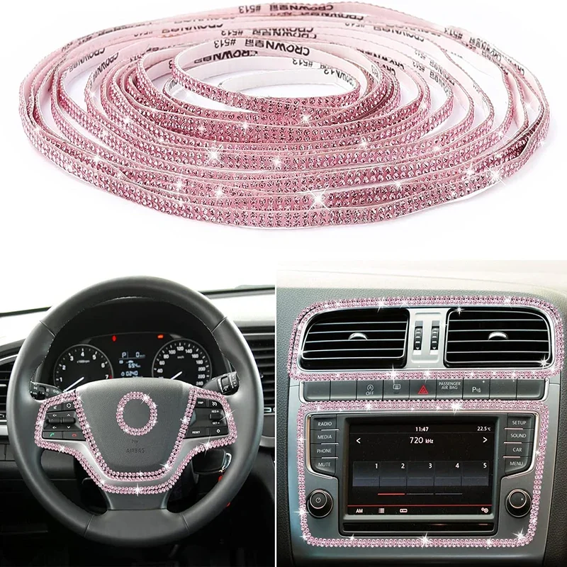 Embellecedor de coche autoadhesivo ostentoso rosa para mujer, diamantes de imitación de coche con accesorios interiores, pegatinas de cristal para puerta de coche, tablero de coche D