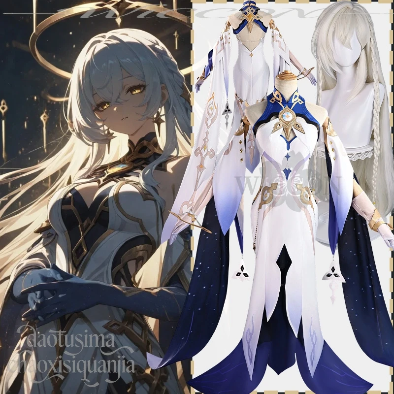 

Istaroth Genshin Impact Cosplay Costume Anime Goddess White Blue Vintage Long Dress Halloween Christmas Lolita