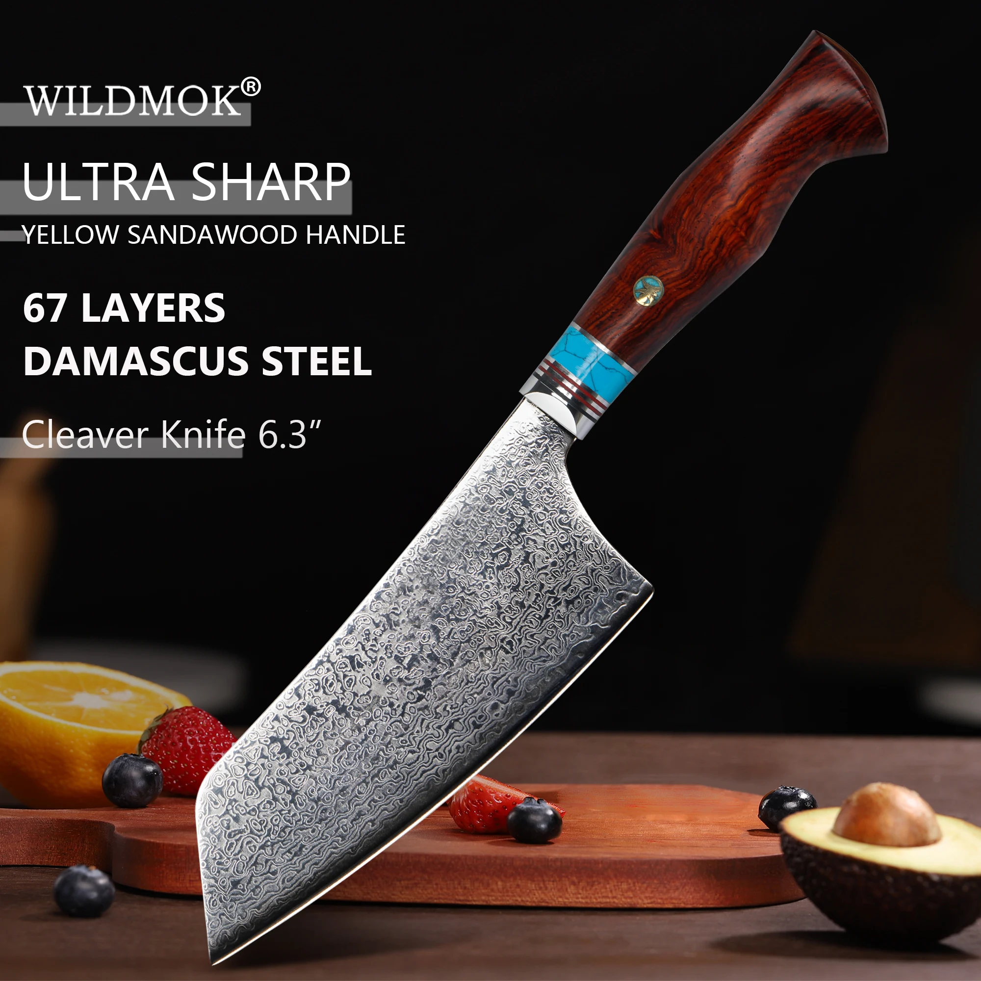 WILDMOK Handmade 6.3 Inch Cleaver Knife, Forged Damascus Steel Blade, Comfort Yellow Sandalwood Handle for Meat & Vegetables