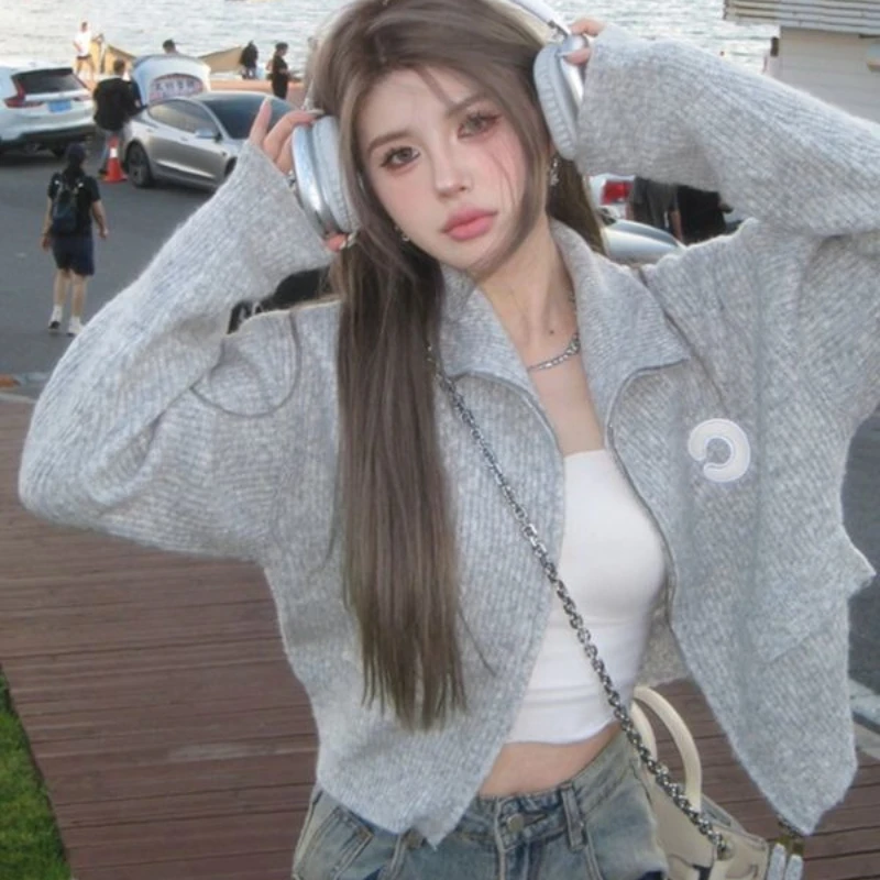 

Deeptown Vintage Grey Sweaters Coats Women Korean Style Zipper Crop Cardigan Knitwear Harajuku Casual Loose Streetwear Cardigan